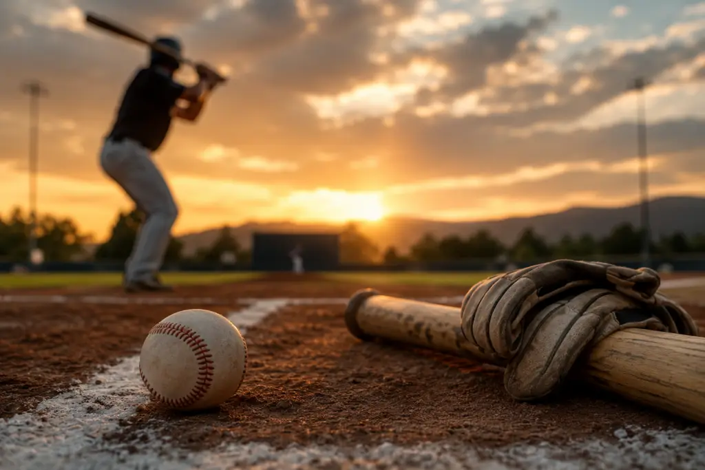 Baseball bat and glove on a field at sunset as a hitter prepares in the background