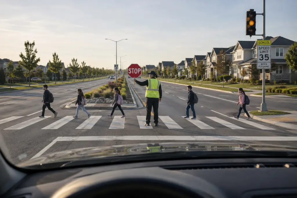Crossing guard standing in a residential crosswalk as children cross the street