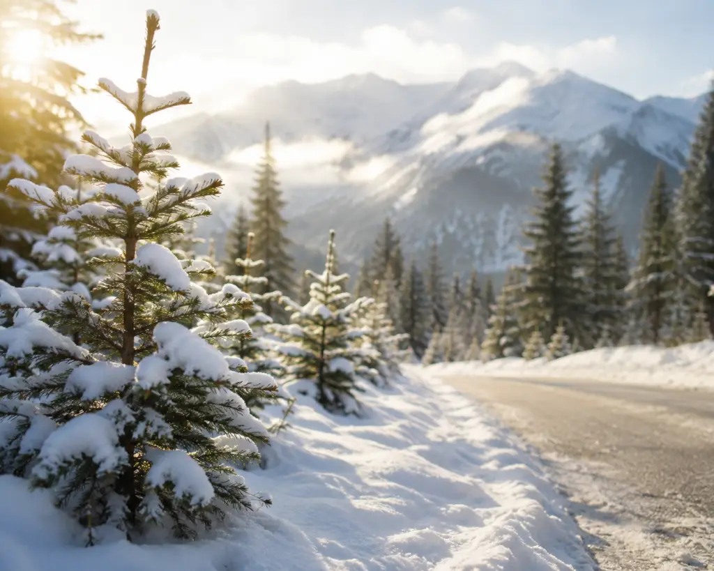 Snow-covered evergreen trees along a quiet mountain road in winter