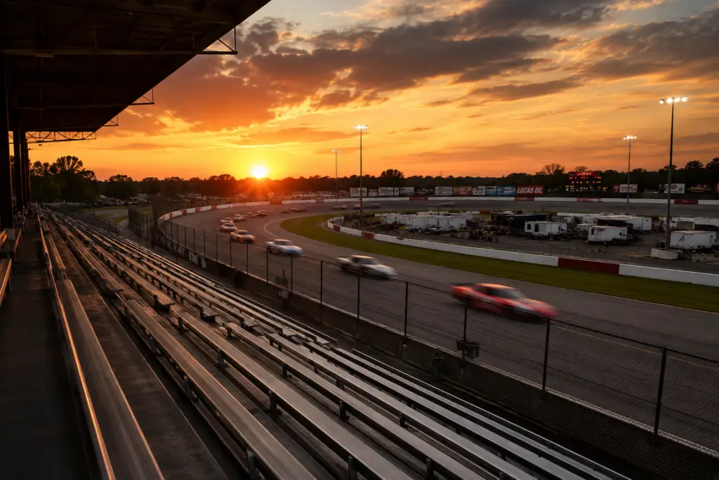 Race cars circling a track at sunset while spectators watch from the stands