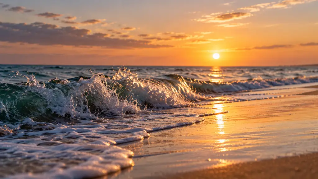 Ocean wave rolling onto shore at sunset, symbolizing thoughts and emotions that rise and pass