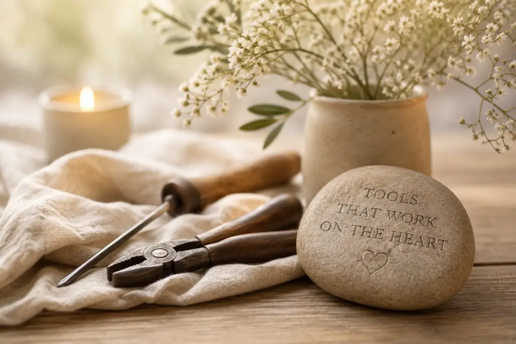 Pliers and hand tools beside a candle and small vase, symbolizing the inner tools used for change