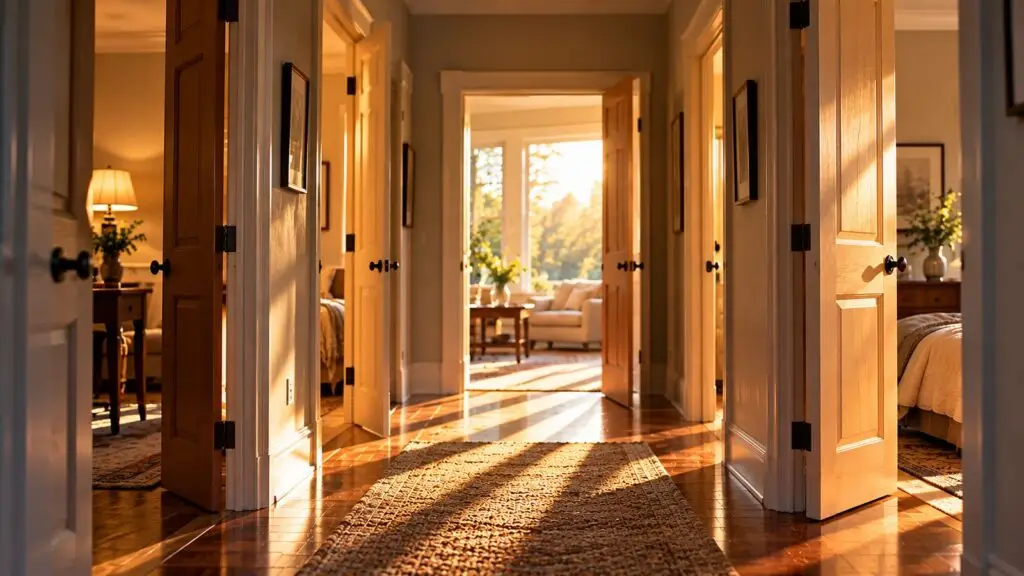 Sunlit hallway with several open doors, suggesting choice, commitment, and moving beyond indecision