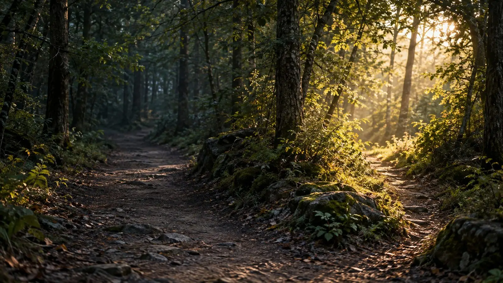 Sunlight filtering through a wooded path, suggesting a search for God in unexpected places